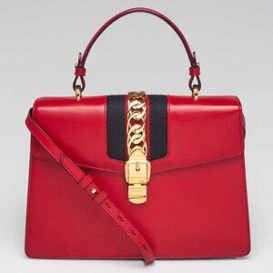 Gucci Red Leather Calfskin Leather Vintage Web Medium Sylvie Shoulder Bag
